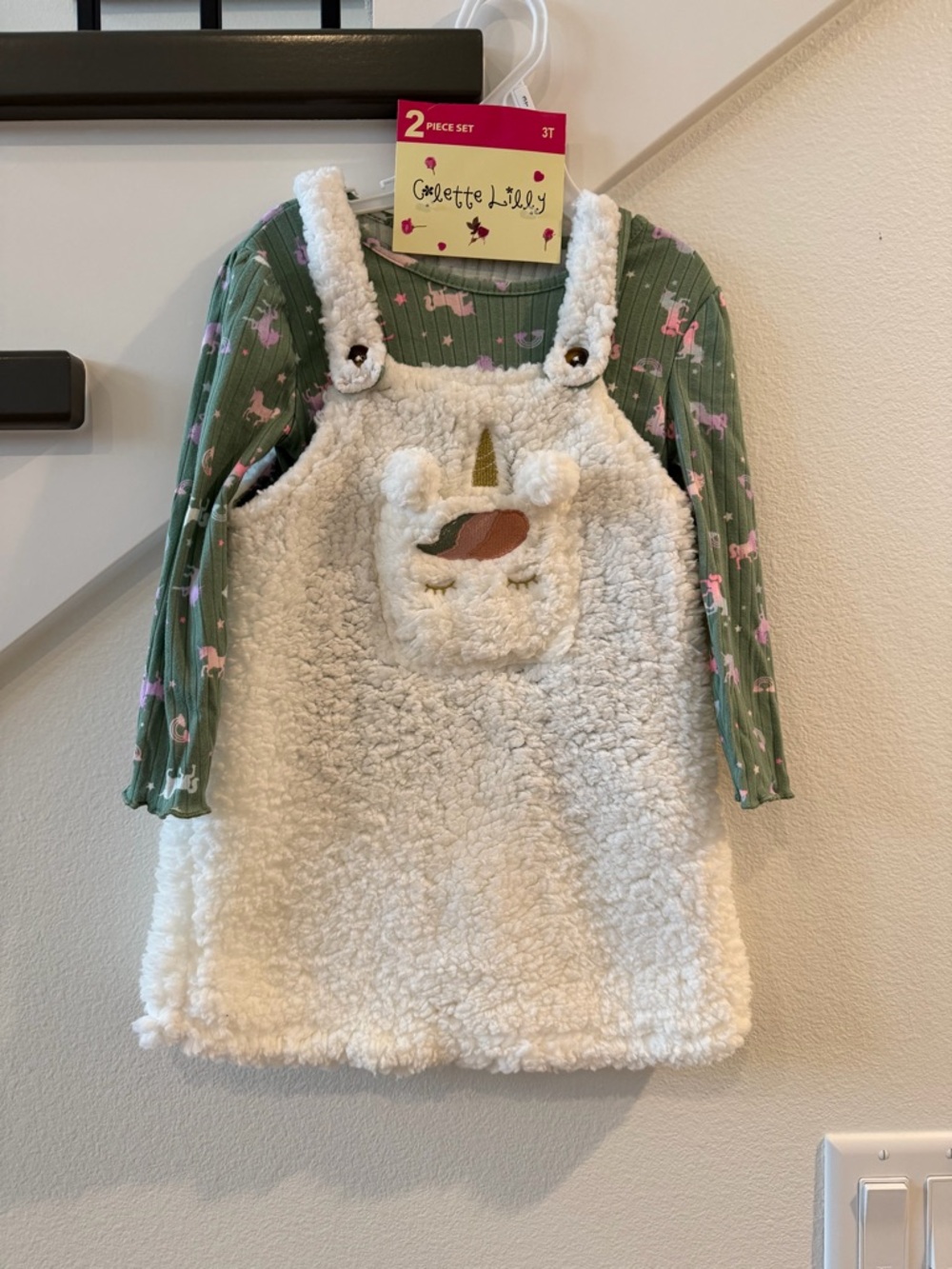 Colette Lilly Cream Sherpa Unicorn Pinafore with Green Unicorn Tee NWT